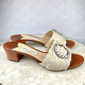Jimmy Choo Granger Raffia-Wicker Heels Sandals Ivory Crystal Embellished Slides